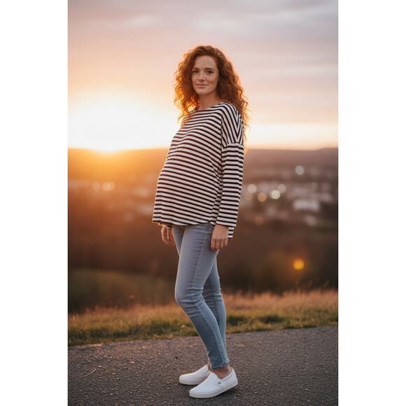 Hatch Tops - HATCH Perfect Long Sleeve Tee Striped Size 1 Small Black White Maternity Top